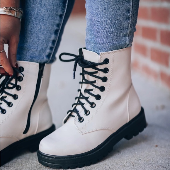 Off White Lace Up Combat Boots - Picture 2 of 10